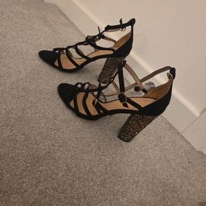 Wallis Strappy Black Heels with Sparkling Gold Block